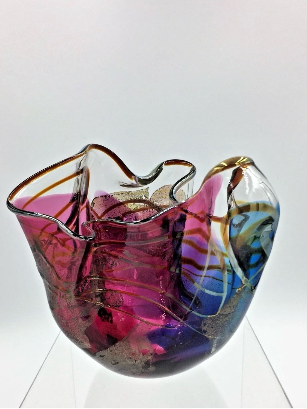 Scott & Laura Curry Hand Blown Handkerchief  Abstract Studio Art Glass Bowl 1994